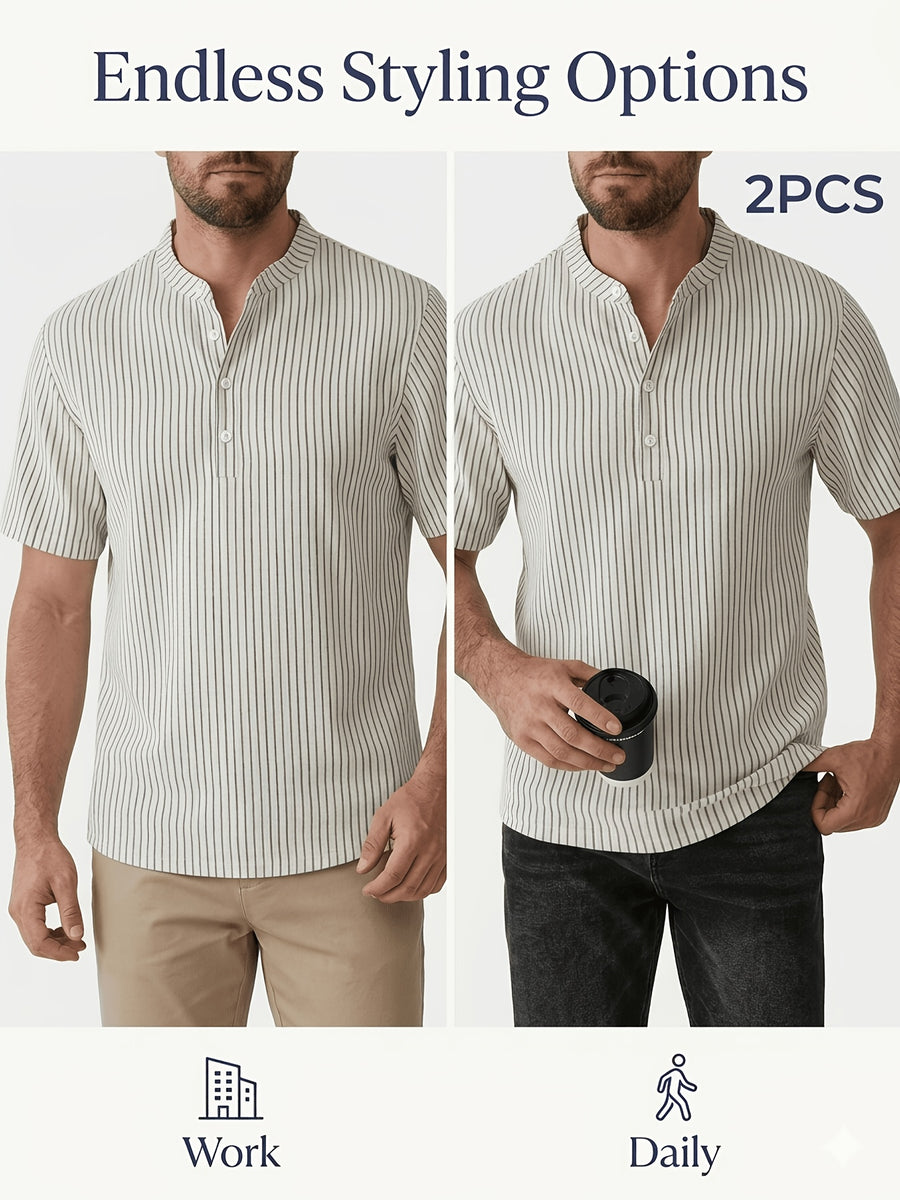 Josh Rose OBM 2pcs Men's Henley Shirts, Men's Summer Short Sleeve Regular Fit, Lightweight and Breathable, 95% Linen, Solid and Striped in Black and White, Features 4 Buttons, Suitable for Summer Daily Work, Casual, and Vacation Occasions - White+White