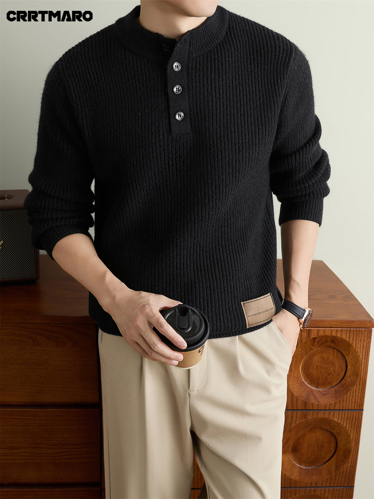 Men'S Heavyweight Thick Mock Neck Henley Pullover Sweater, Warm Casual Layering Top for Fall And Winter - Black