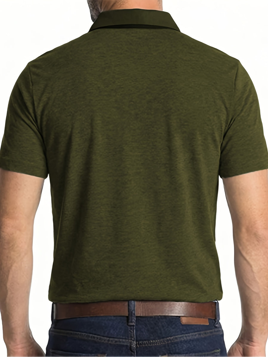 KJ-P035 Men's Daily Outdoor Casual Short-Sleeve Polo Shirt, Solid Color Henley Neck Top, Versatile T-Shirt for Fitness, Commuting, and Multiple Scenarios - fern green