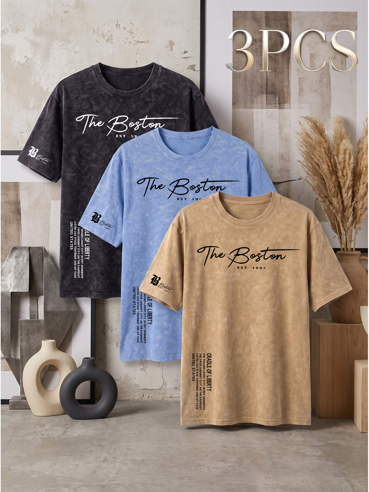 Distressed Washed Short Sleeve T-Shirt 3pcs Set, Men'S American Retro Easy Print Round Neck Casual Versatile Top - Mixed colors