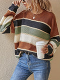 Women'S Color Block Striped Pullover Sweater - Cozy Long Sleeve Crew Neck, Loose Fit, Fall/Winter Casual Top with Green, Brown, and Beige Stripes, Casual Winter Wear | Relaxed Fit Top | Construction, Sweater Dress, Fall Clothe For Women, Fall Sweater For - Mixed Color 1