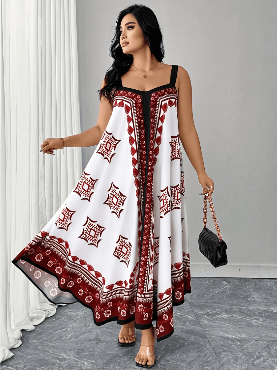 Plus Size, Plus-size Women's Bohemian Print Maxi Dress, Sleeveless Spaghetti Strap A-Line Dress, Geometric Pattern, Casual Loose and Flowy Summer Beach Dress, Irregular Hem Design, Blue and White Ethnic Print Maxi Dress - Brick Red