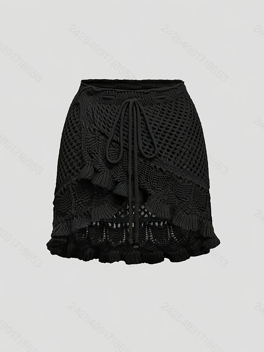 Targeted Style - Women's Elegant Casual Mini Skirt - Summer Beach Hollow Dress, Solid Color Minimalist, Soft and Comfortable Fabric - Black