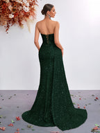 Sequined Sweetheart Neckline Mesh Panel High-Waist Long Scarf-Tie Slit Ball Gown Party Evening Dress - Dark Green