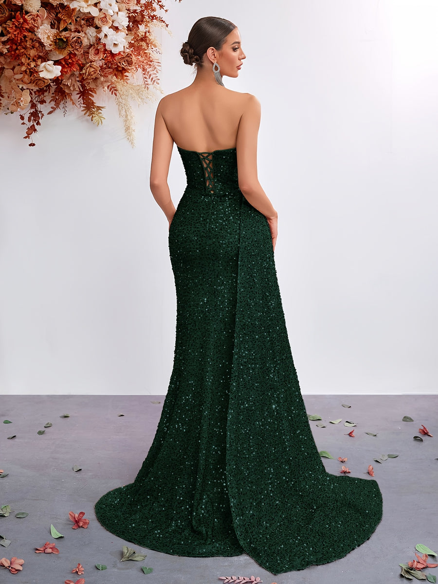 Sequined Sweetheart Neckline Mesh Panel High-Waist Long Scarf-Tie Slit Ball Gown Party Evening Dress - Dark Green