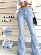 GILIPUT Y2K Street Style Women's Solid Color High-Waist Flare Jeans, Single-Breasted Button Fly -Lifting Stretch Skinny Jeans - Blue