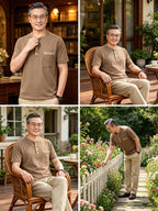 Middle-aged Men's Washed Distressed Vintage T-shirt, Shirt, Henley Collar Top, Solid Color Casual Top - Coffee Brown