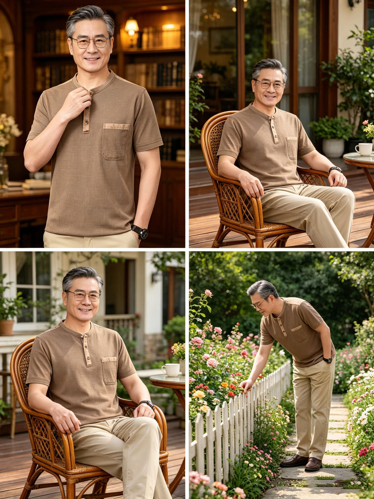 Middle-aged Men's Washed Distressed Vintage T-shirt, Shirt, Henley Collar Top, Solid Color Casual Top - Coffee Brown
