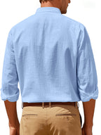 Spring New Men'S Linen Mandarin Collar Long Sleeve Shirt, Neo-Chinese Minimalist Style, Breathable Linen Fabric, Versatile Business Casual, Great Gift for Elders And Boyfriends, 1pc. Gift Box And Props Are for Decorative Purposes Solely - Sky Blue