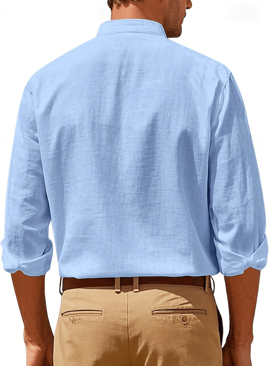 Spring New Men'S Linen Mandarin Collar Long Sleeve Shirt, Neo-Chinese Minimalist Style, Breathable Linen Fabric, Versatile Business Casual, Great Gift for Elders And Boyfriends, 1pc. Gift Box And Props Are for Decorative Purposes Solely - Sky Blue