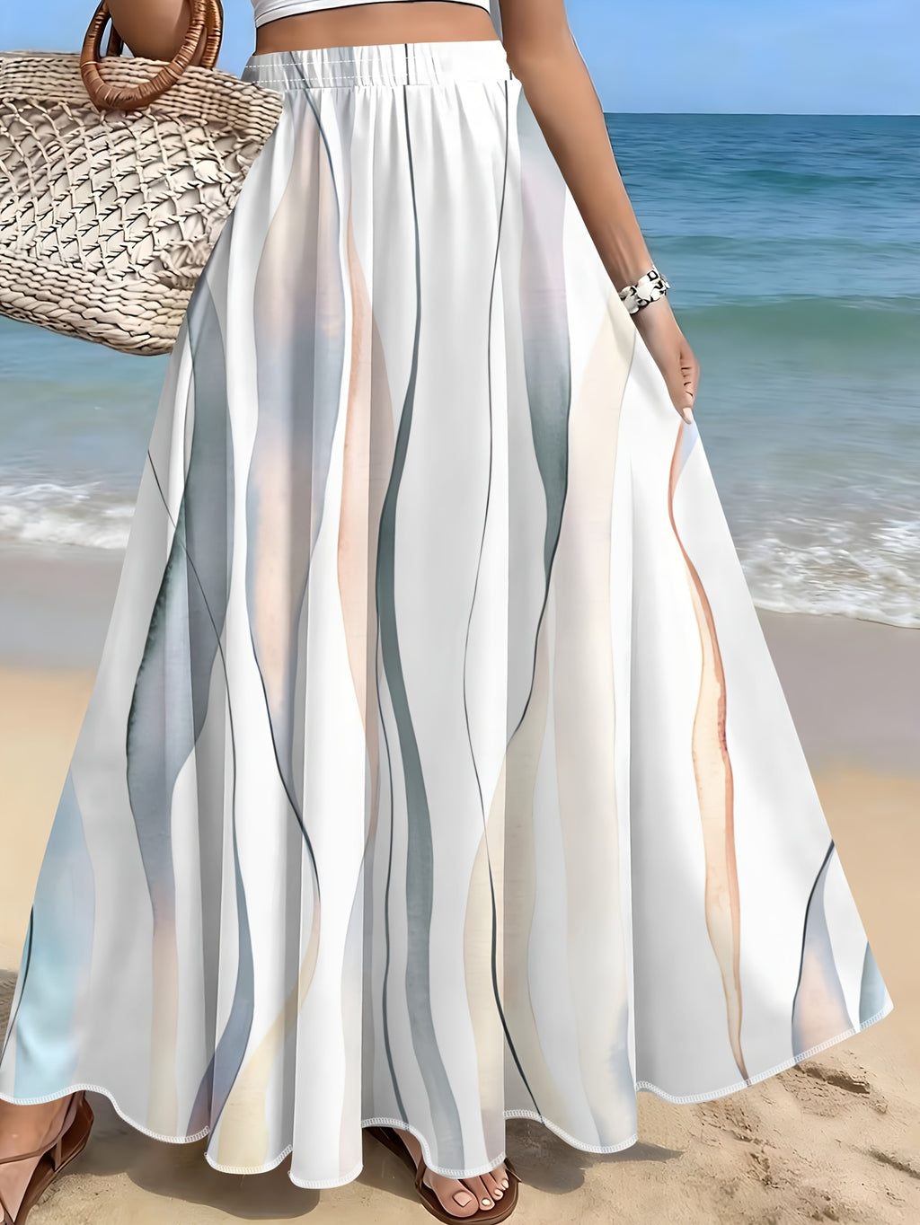 Ombre Color Wave Stripe Skirt, Summer Casual Vacation Style - Mixed colors