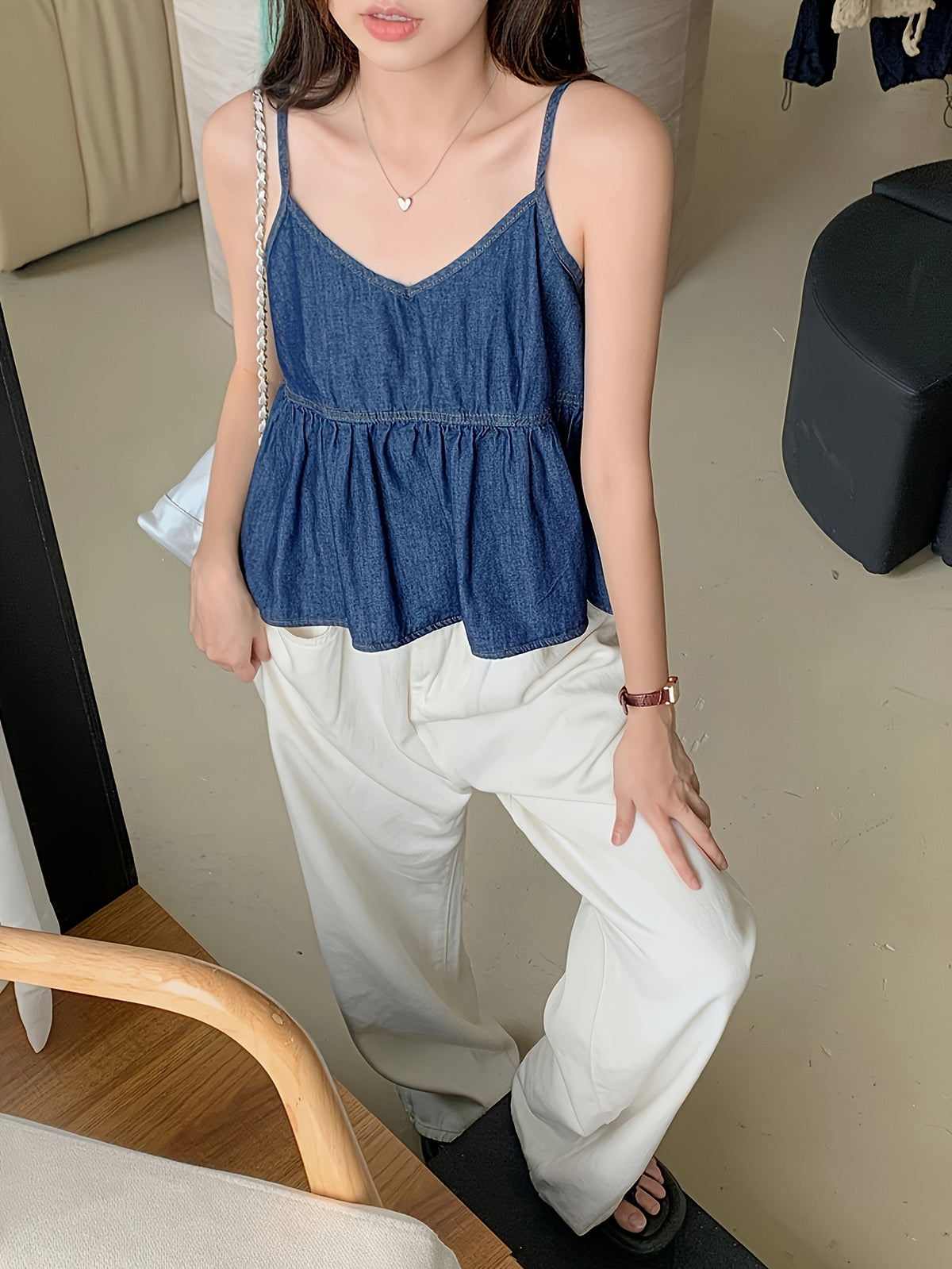Women'S Fashion Elegant Vintage Pleated Camisole Vest Loose Fit Versatile Design Niche Sleeveless Top - Navy Color