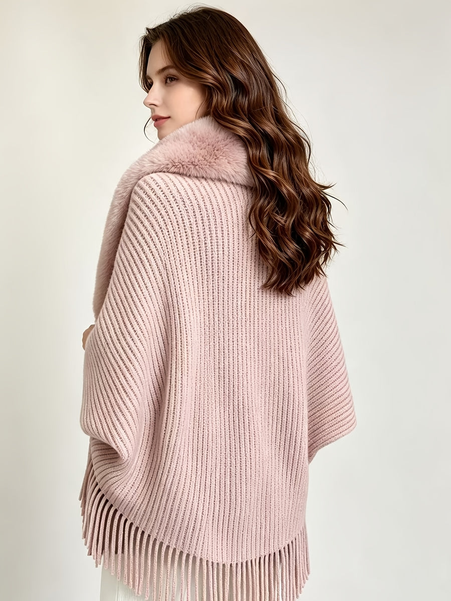 Women'S Cardigan, Autumn Winter Fashion Faux Tassel Cape Scarf Jacket - Lightweight Warm Outerwear for Parties, Office, Casual Wear - Elegant Autumnal Accessory, Trendy Scarf, Office Essential, Holiday Gift - Pink Color