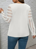 Women's Elegant Lace Trim Long Sleeve T-Shirt - Loose Fit Solid Black Top, Round Neck All-Season Machine Washable Blouse for Casual & Formal Wear, Versatile Fashion, Sophisticated Style, Layered Texture - White