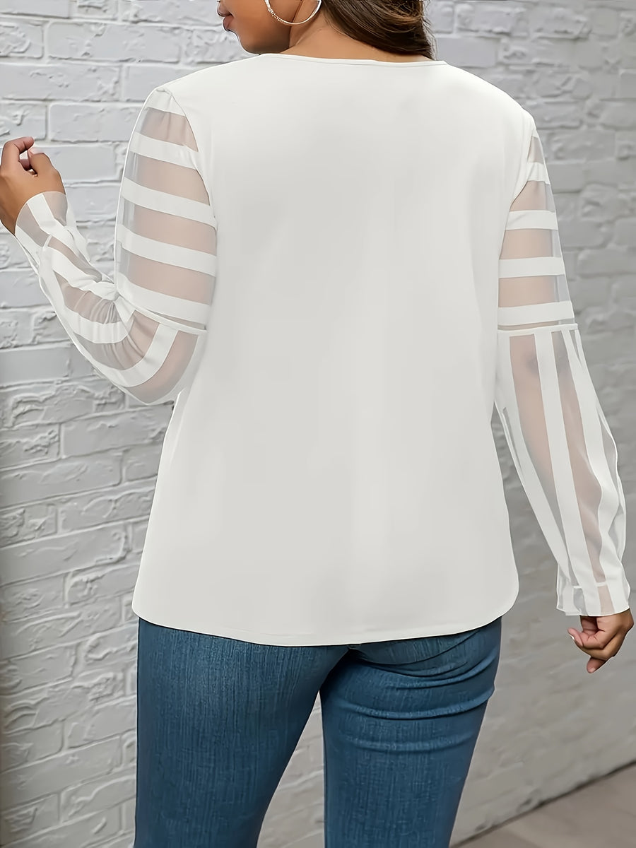 Women's Elegant Lace Trim Long Sleeve T-Shirt - Loose Fit Solid Black Top, Round Neck All-Season Machine Washable Blouse for Casual & Formal Wear, Versatile Fashion, Sophisticated Style, Layered Texture - White