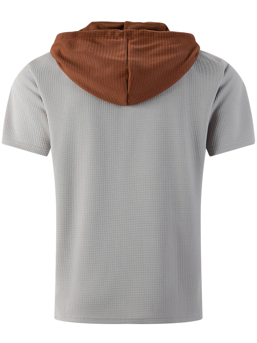 Men's Hoodie, Square Knit Sweater, Contrasting Trim, Short Sleeves, V-neck, Chest Pocket, Vintage Urban Style, for Daily Use - Grey