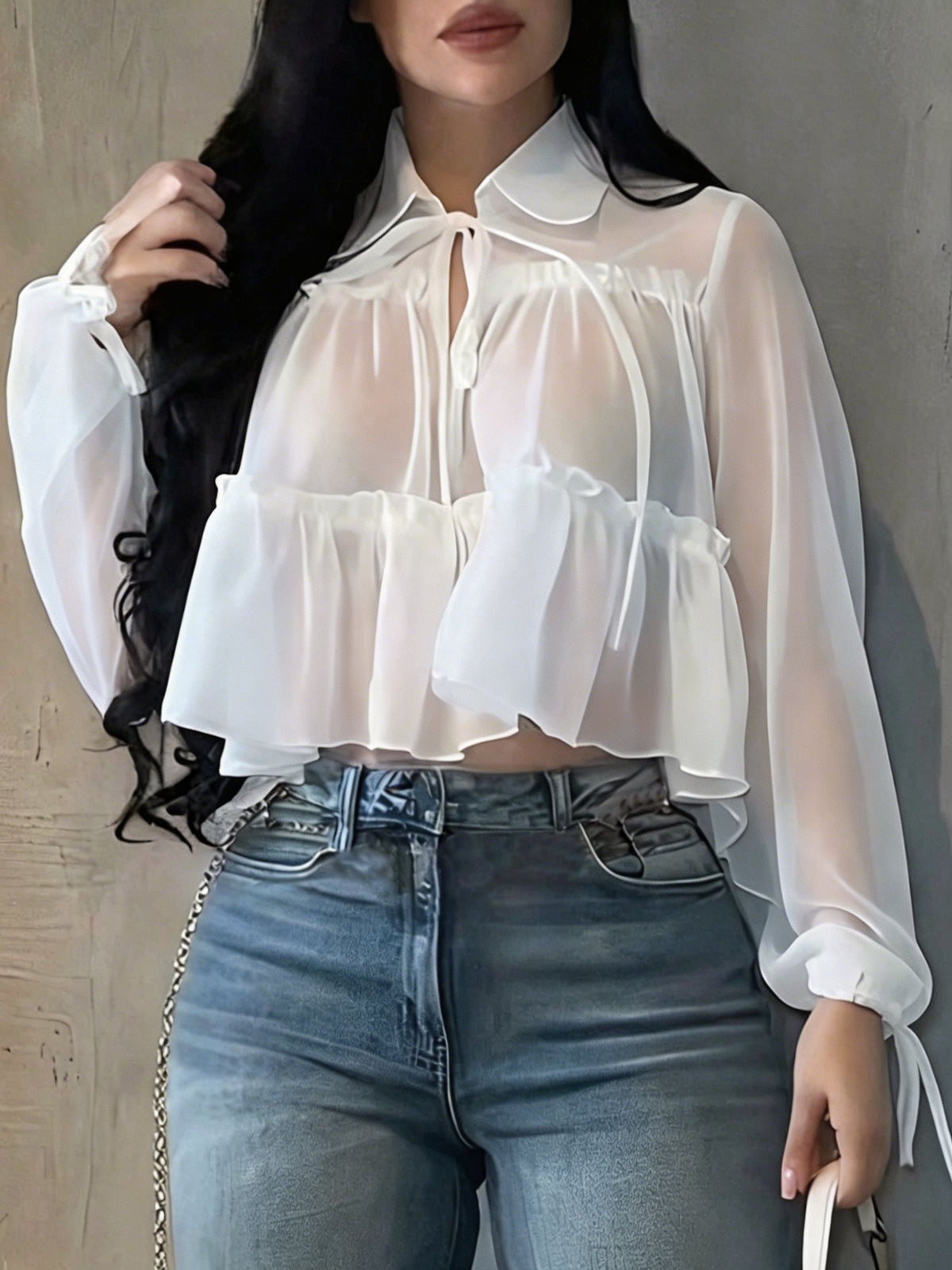 Elegant Special French-Style Gentle Tone Solid Color Lapel Tie Ruffle Short Chiffon Blouse for Women, Spring/Summer Outfit, Suitable for Daily Outings, Commuting, Dating, and Other Occasions ZLLZ - White