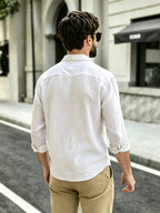 The Preferred Gift for Back to School Season Is Men's Casual Shirts. Spring and Autumn Long Sleeved Shirts Are Trendy, Loose, Solid Color, Breathable and Versatile Tops, Making Them the Perfect Holiday Gift - White