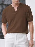Josh Rose OBOM Men's Summer Fashion Solid Color V-Neck Short Sleeve Shirt, Comfortable and Breathable Cooling Fabric, Versatile for Outings, Sports, Daily Wear, and Fitness Clothing - Coffee Color
