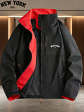 NEW-YORK199X Patterned Contrast Lining Full-Zip Stand Collar Windproof Jacket, Unisex Spring/Autumn White Multi-Pocket Outdoor Windbreaker - Black