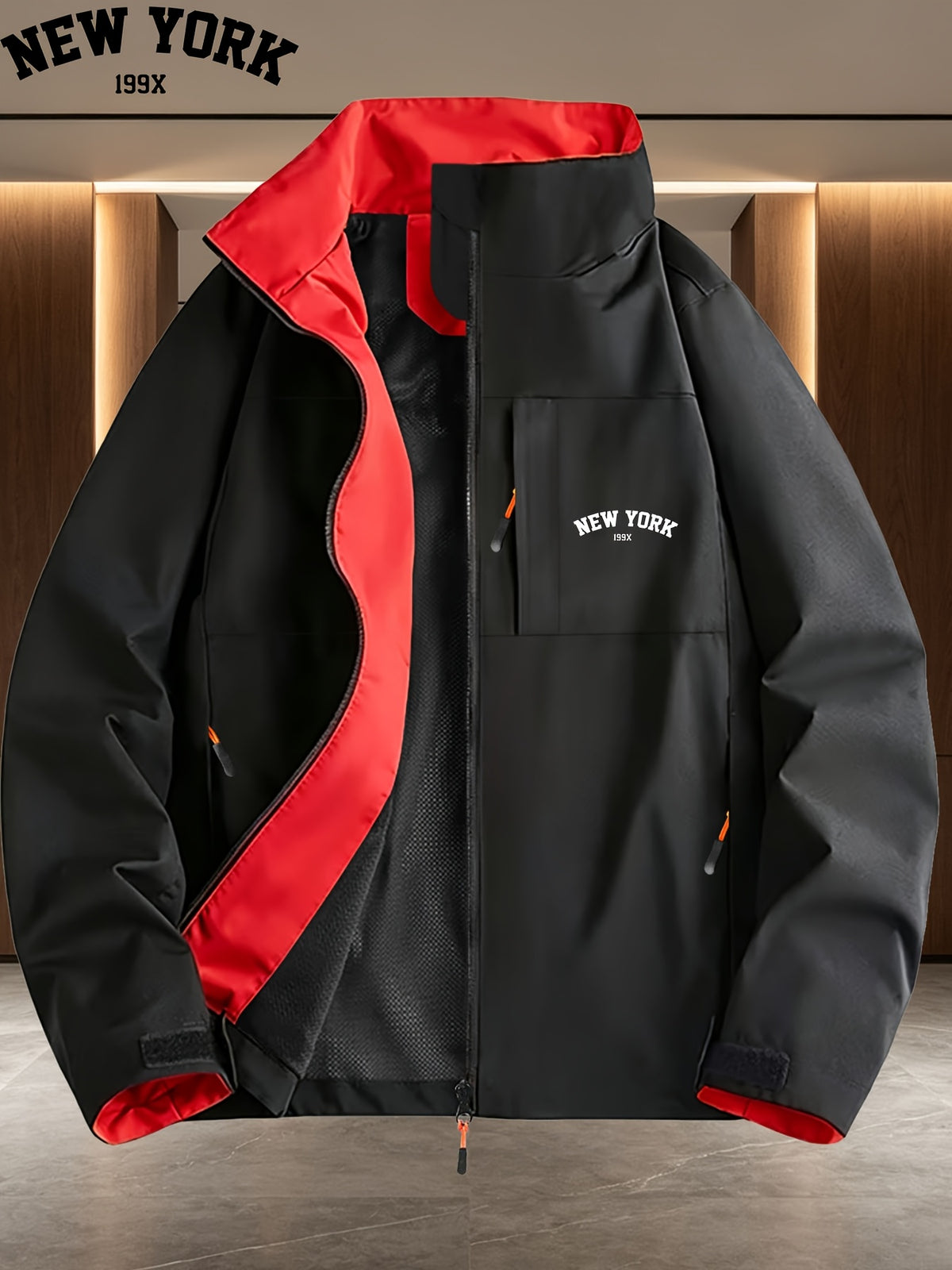 NEW-YORK199X Patterned Contrast Lining Full-Zip Stand Collar Windproof Jacket, Unisex Spring/Autumn White Multi-Pocket Outdoor Windbreaker - Black