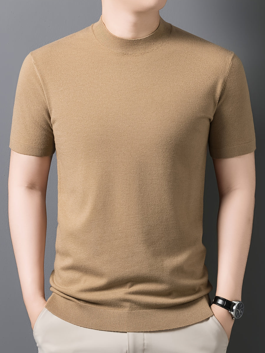 Men'S Summer Short-Sleeve Knit Top, Classic Round Neck Easy Solid Color Design, Breathable And Moisture-Wicking, Fashionable And Versatile in Multiple Colors, Suitable for Casual And Athletic Wear - Khaki