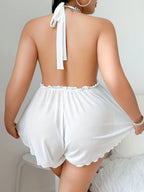 Plus-Size Women'S Sexy And Stylish Lace Panel Halter Neck Backless Mesh Nightgown - White