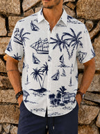 Men'S 100% Print Short Sleeve Shirt Summer New Style Sailor Coconut Tree Pattern Casual Beach Vacation Commute Two-Wear Top Pure Fabric Breathable And Sweat-Absorbent Comfortable to Touch Non-Irritating to Skin, Sweat-Resistant - White