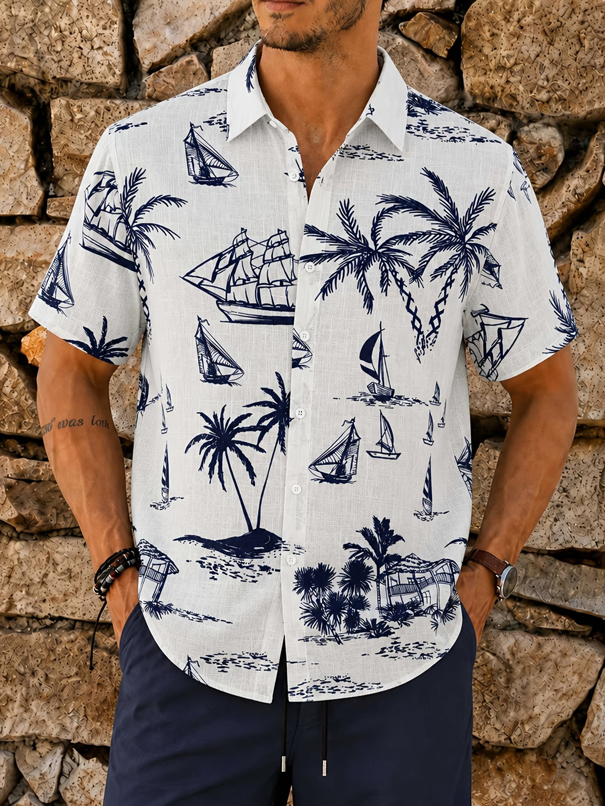 Men'S 100% Print Short Sleeve Shirt Summer New Style Sailor Coconut Tree Pattern Casual Beach Vacation Commute Two-Wear Top Pure Fabric Breathable And Sweat-Absorbent Comfortable to Touch Non-Irritating to Skin, Sweat-Resistant - White