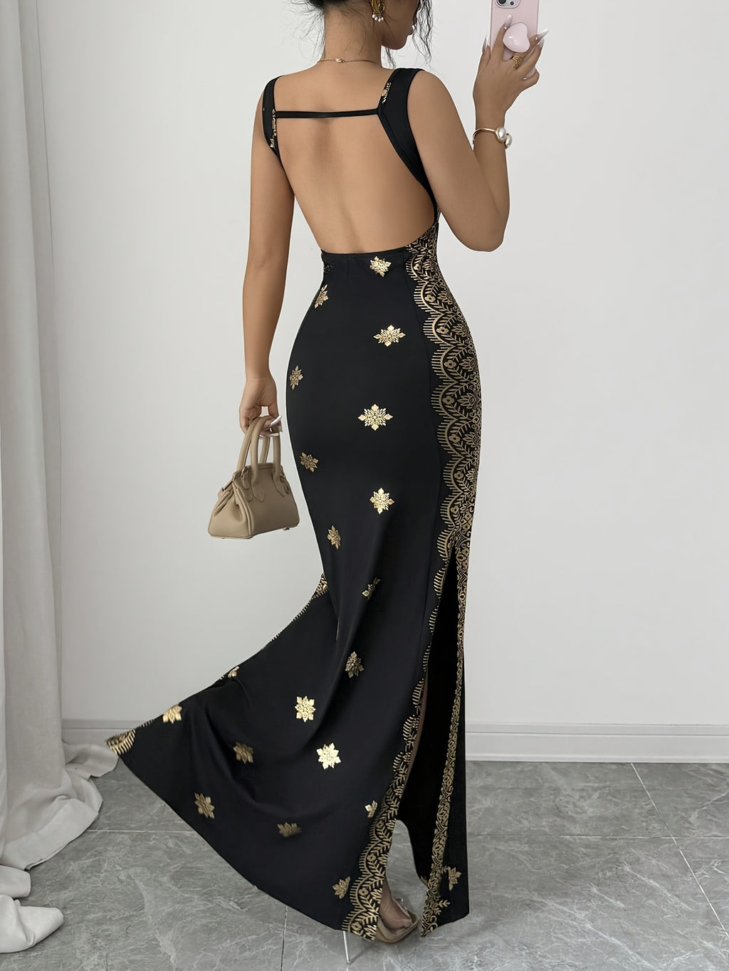 Women'S Dress Spring/Summer Retro Square Neck Printed Elegant Dress Bodycon Butt-Hugging Waist-Cinching Evening Party Long Dress - Black