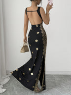 Women'S Dress Spring/Summer Retro Square Neck Printed Elegant Dress Bodycon Butt-Hugging Waist-Cinching Evening Party Long Dress - Black