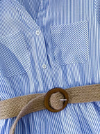 YTD Women's Casual Striped Long Sleeve Single-Breasted Pocket Long Shirt Dress HF869 with Belt - Royal Blue