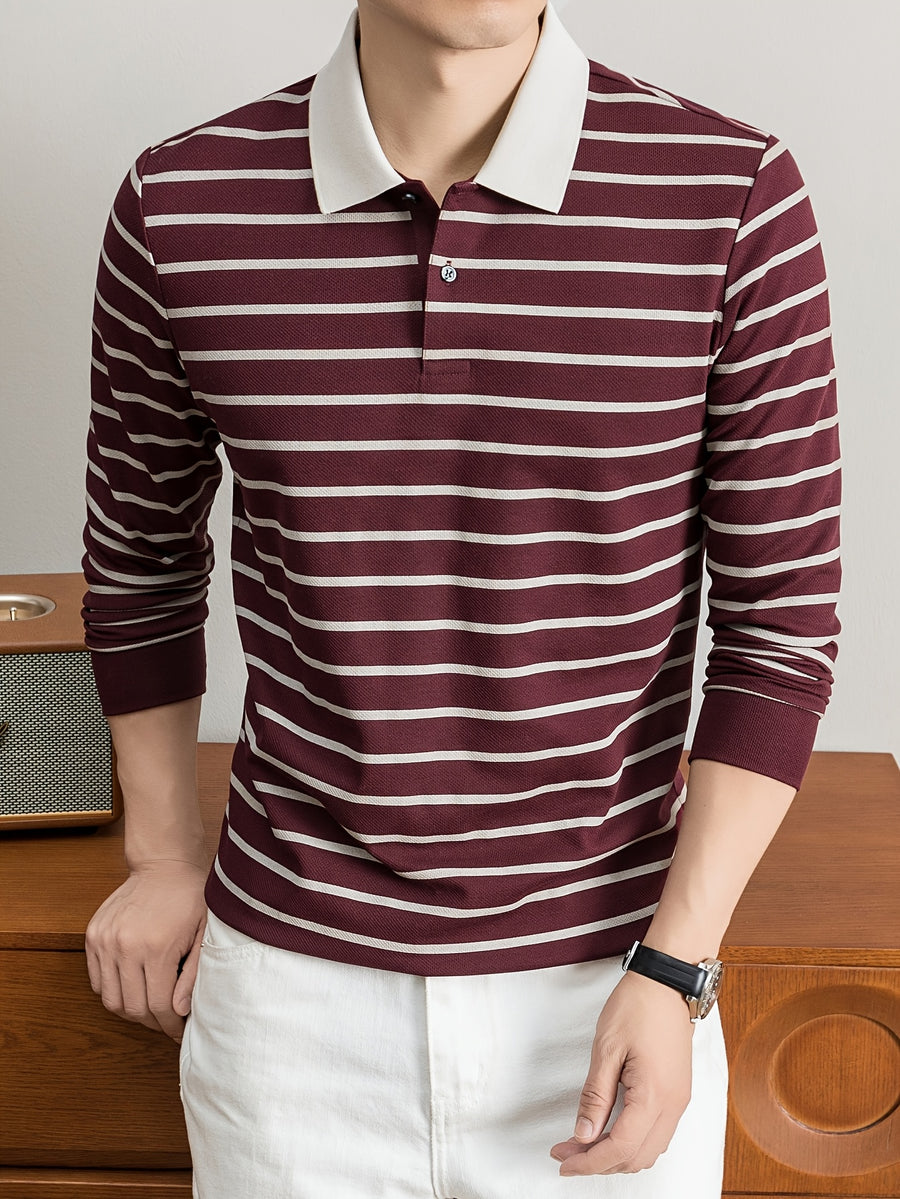 2026 Autumn Men's Long-Sleeve Striped Casual Lapel Polo Shirt - Fuchsia