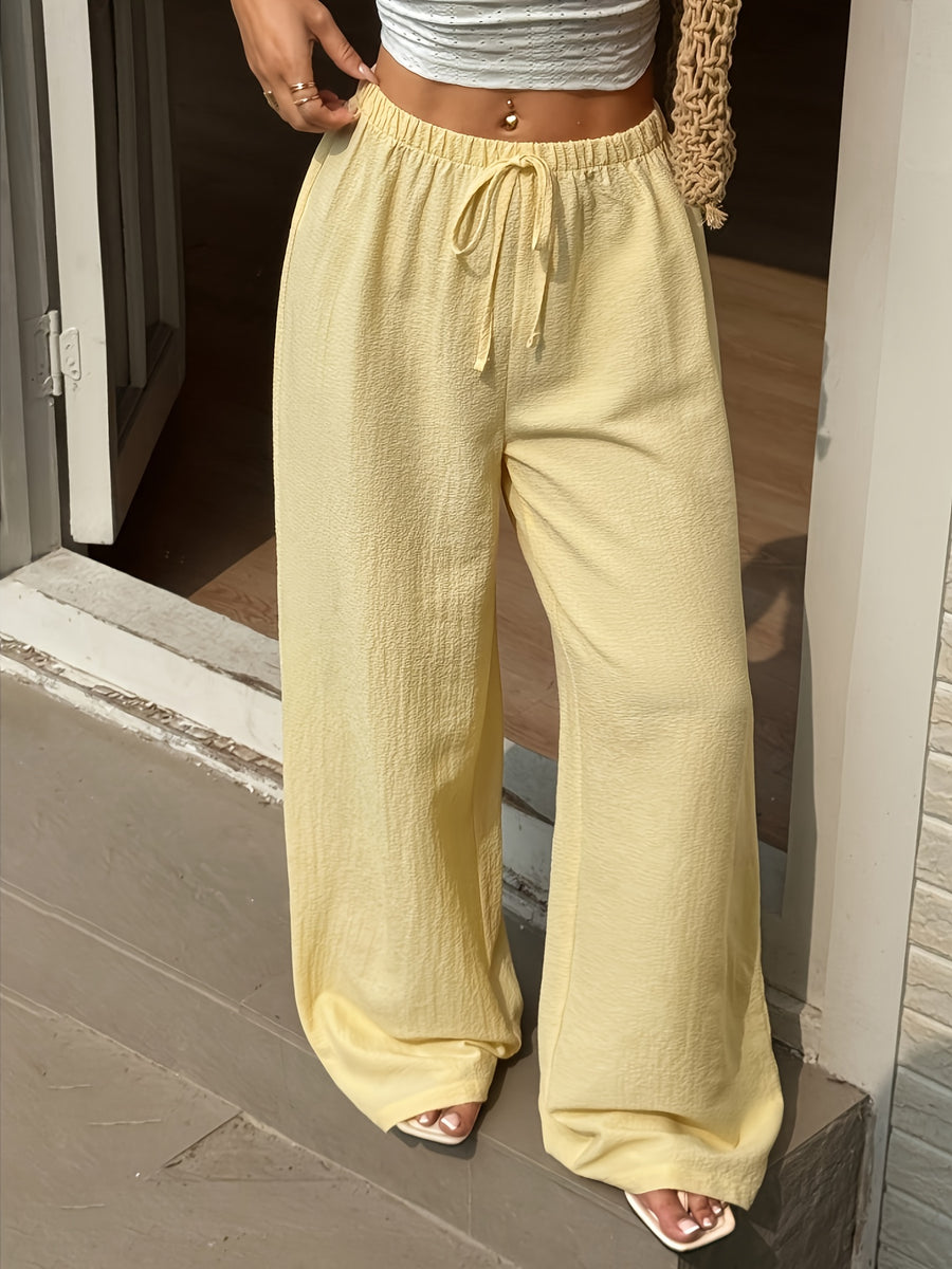Solid Color Wide-Leg Pants, Breathable Thin Straight-Leg Casual Trousers, Loose-Fitting Women's Pants (with Text) - 【Light Yellow】
