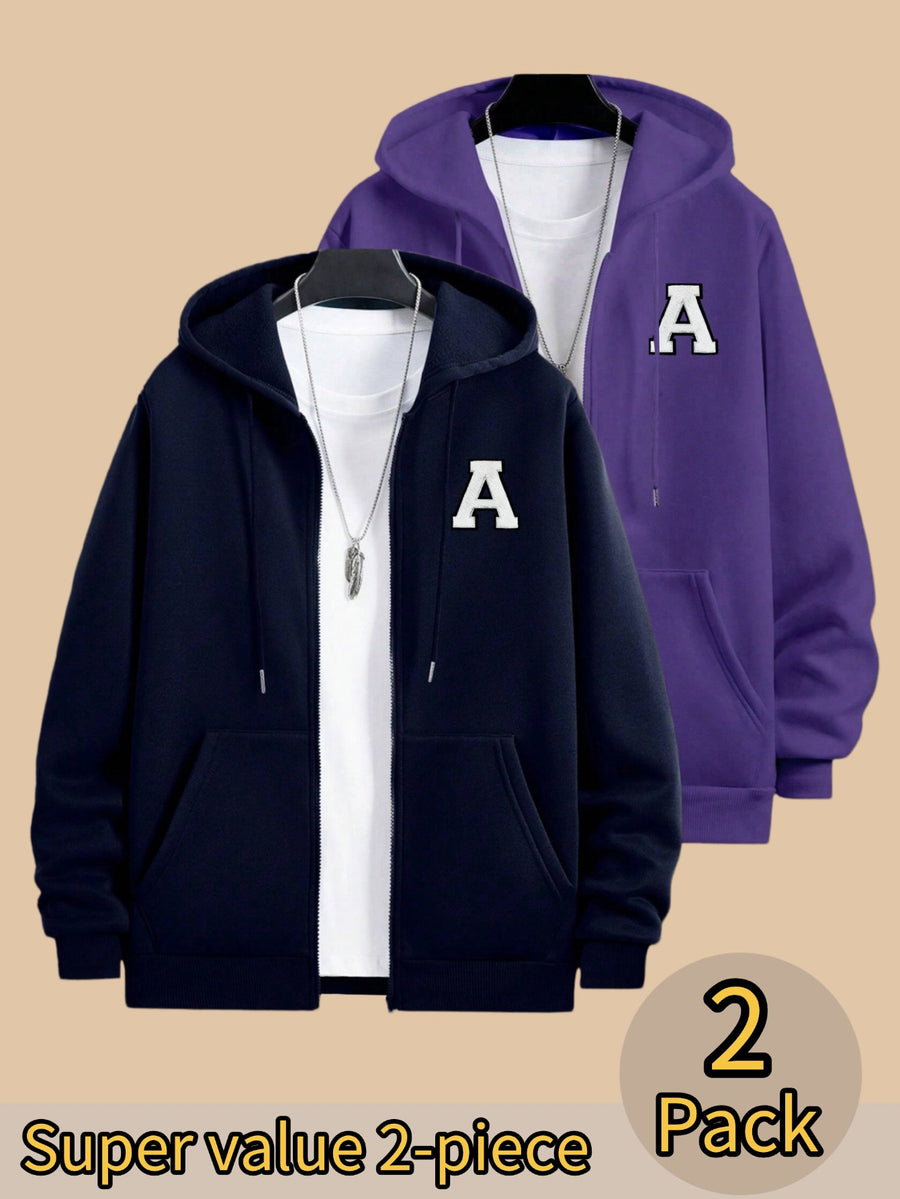 50% Cotton, 50% Polyester, 2-Pack Men's Zippered Hooded Fleece-Lined Sweatshirt, Men's Clothing, Long-Sleeve Fleece Jacket, Zippered Top, Hooded Sweatshirt, Pockets, Drawstring, Suitable for Outings, Casual Wear, Back-to-School Season - Navy Blue+Purple