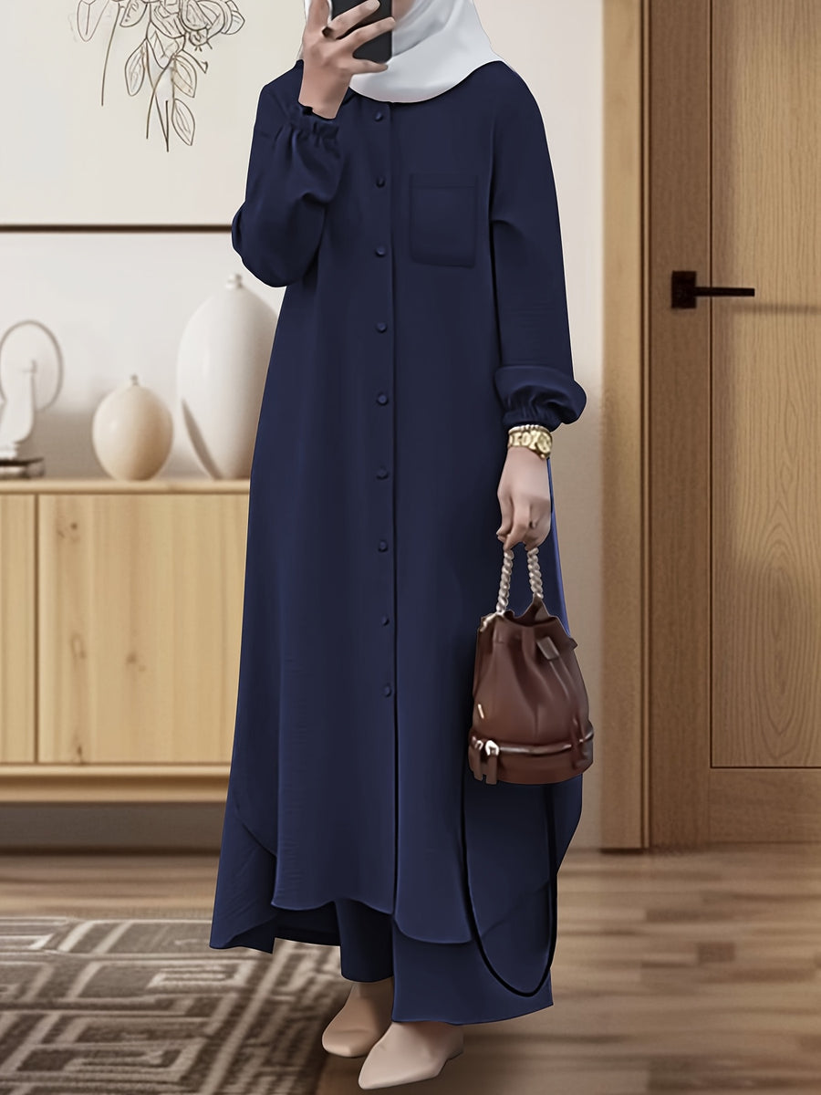 New Arabian 2pcs Abaya Set - Women'S Elegant Multi-Button Solid Color Long Sleeve Wide-Leg Trousers Without for Ramadan Spring Autumn Daily Commute - Navy Color