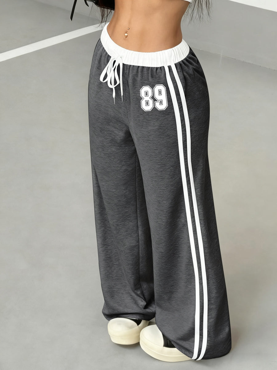 Spring/Summer Digital Print Belt Patchwork Casual Athletic Street Vintage Style Loose Athletic Pants - No. 5 Gray