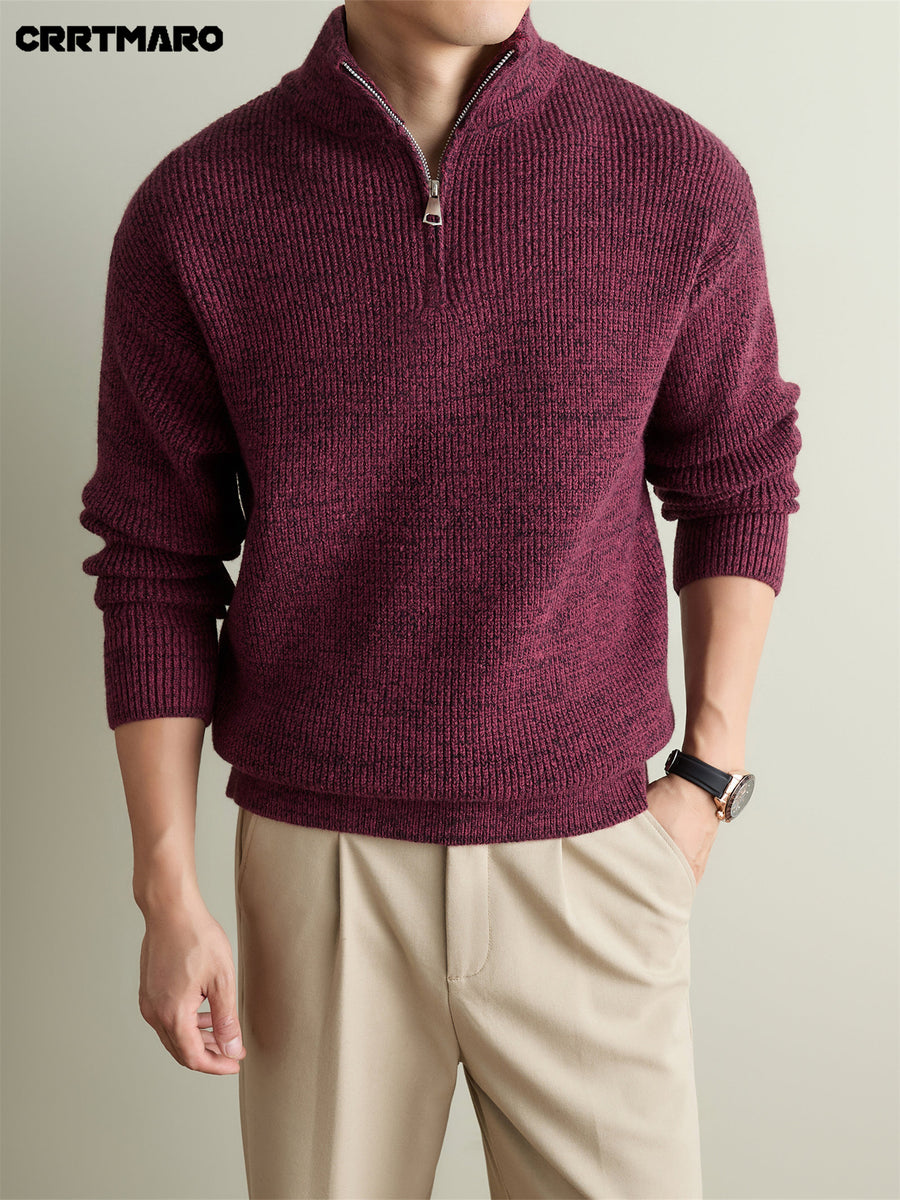 Men'S Heavyweight Thick Zip Neck Stand Collar Mock Neck Pullover Sweater, Warm Casual Layering Top for Fall And Winter - Red-Black