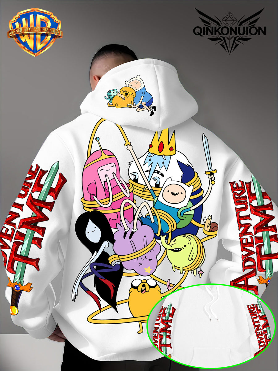 Warner Official Men's Hooded Sweatshirt, Adventure Treasure Rope Wrapped Character Group Cartoon Print Design, Machine Washable, Warm and Casual for Autumn and Winter, Daily Drawstring Hooded Sweatshirt, Multifunctional Sports and Casual Loose Fit - White