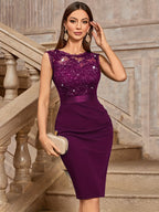 54456A Women's Elegant Round Neck V-Neck Backless Sleeveless Sequin Lace Wedding Party Bridesmaid Short Dress - Maroon