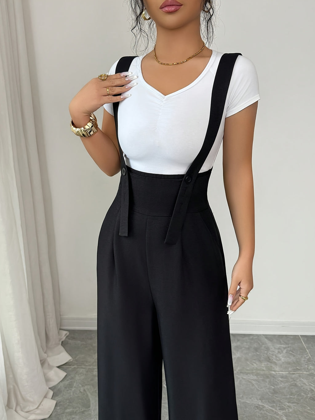 French-Style Elegant High-waist Wide-leg Overalls, Fashionable for Commuting, Versatile for Casual Wear - Black