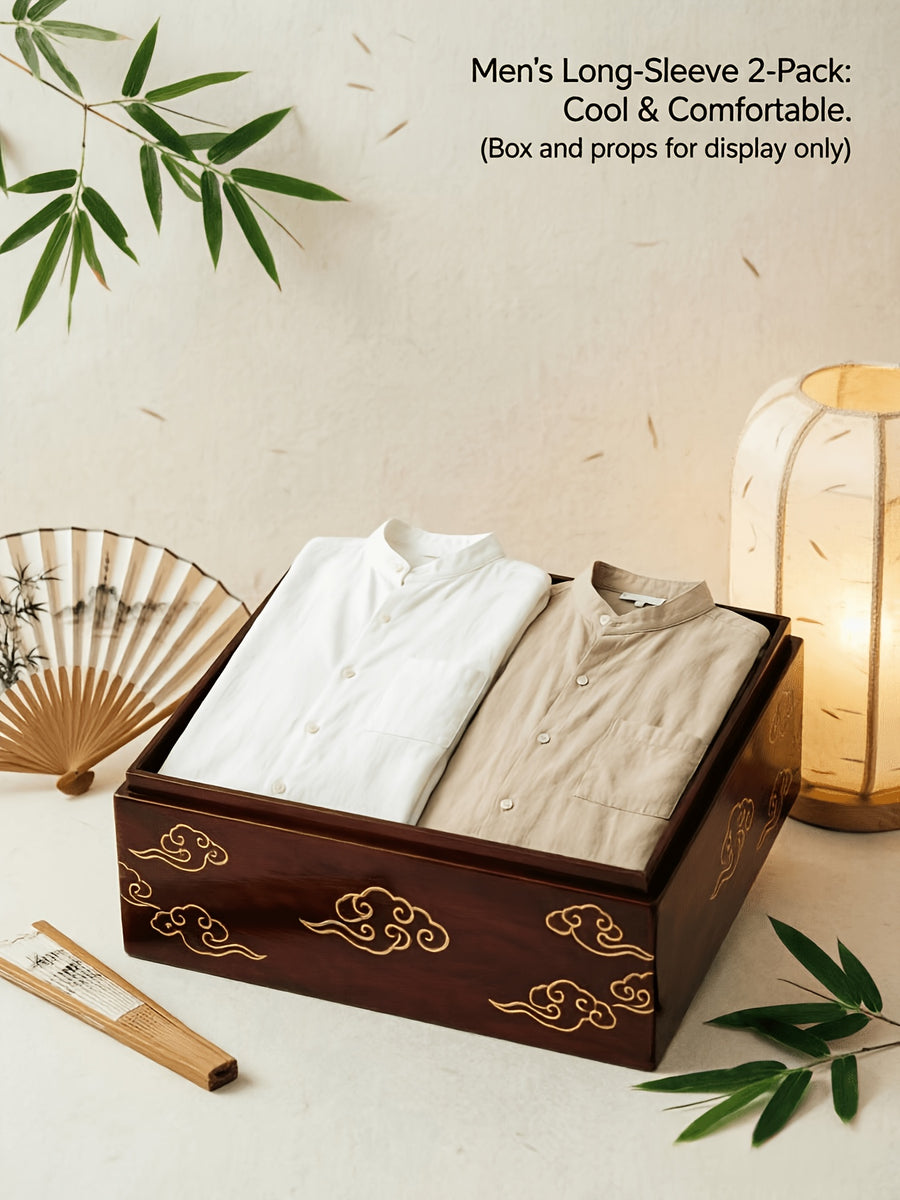Men's Autumn Linen Long Sleeve Shirt 2pcs, Stand Collar Loose Fit, Breathable & Comfortable, Vintage Chinese Style for Daily Commute & Casual Wear, Gift Box Packaging for Gifting or Personal Use (Box and Props for Display Only) - Light White+Khaki