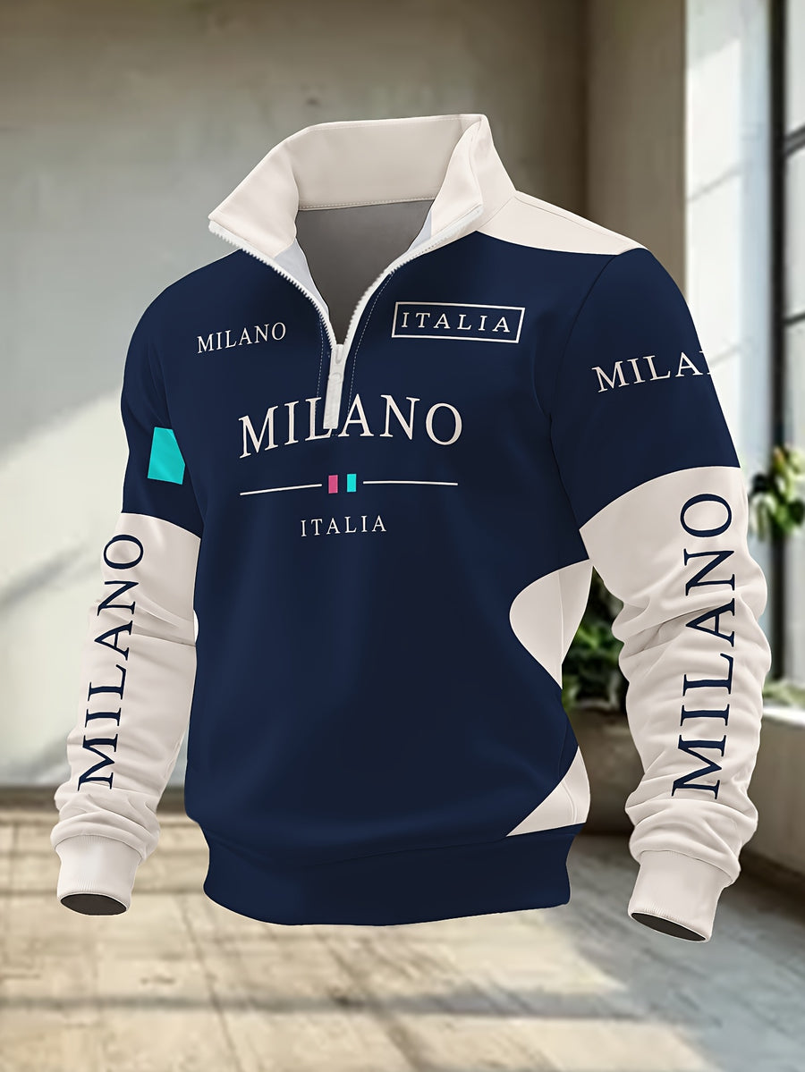 Men'S Half-Zip Lapel Sweatshirt Fashion Letter Print Casual Pullover Trendy Color-Block Patchwork Spring/Autumn Athletic Top Winter Clothes for Men - Mixed Color 2
