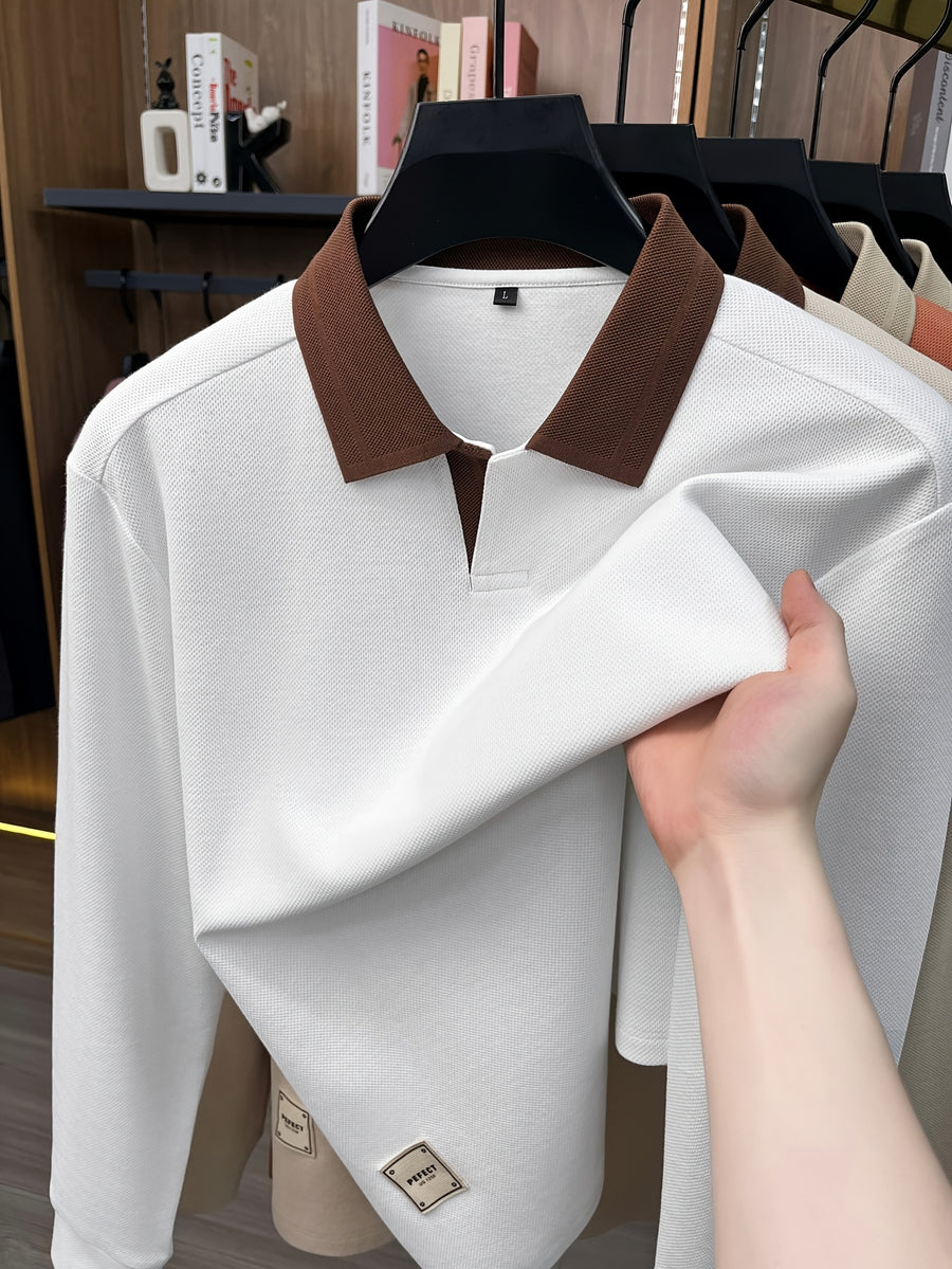 2026 Autumn Men'S Long Sleeve T-Shirt Casual Solid Color Seagull Collar Lapel POLO Shirt - White