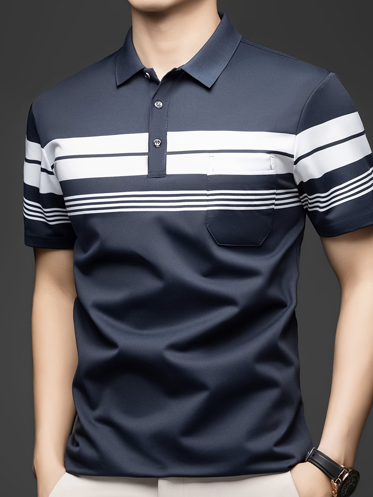 New Summer Men's Short-Sleeve T-Shirt, Wrinkle-Free Striped Loose-Fit Polo Shirt, Stylish and Versatile Casual Dad Fit Thin Shirt 26659 - Navy Color
