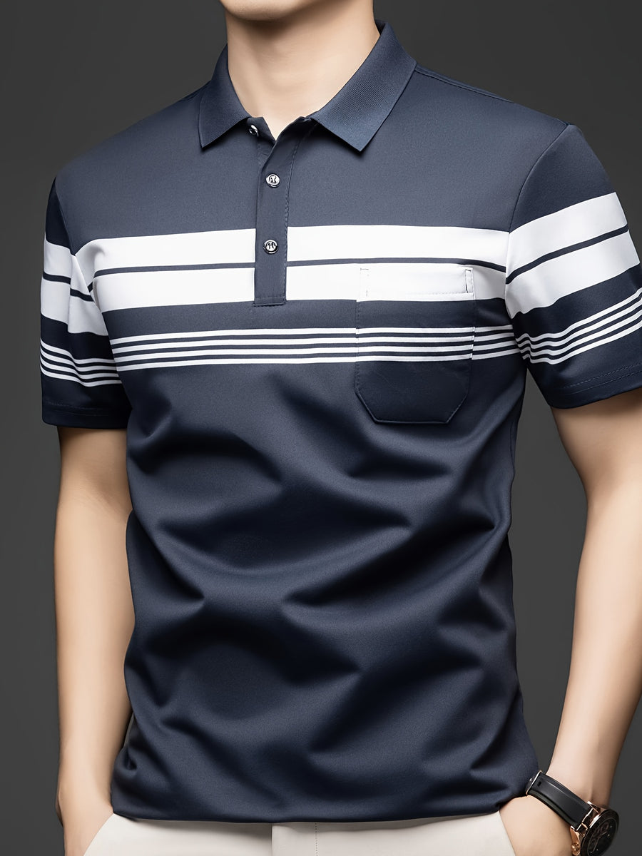 New Summer Men's Short-Sleeve T-Shirt, Wrinkle-Free Striped Loose-Fit Polo Shirt, Stylish and Versatile Casual Dad Fit Thin Shirt 26659 - Navy Color