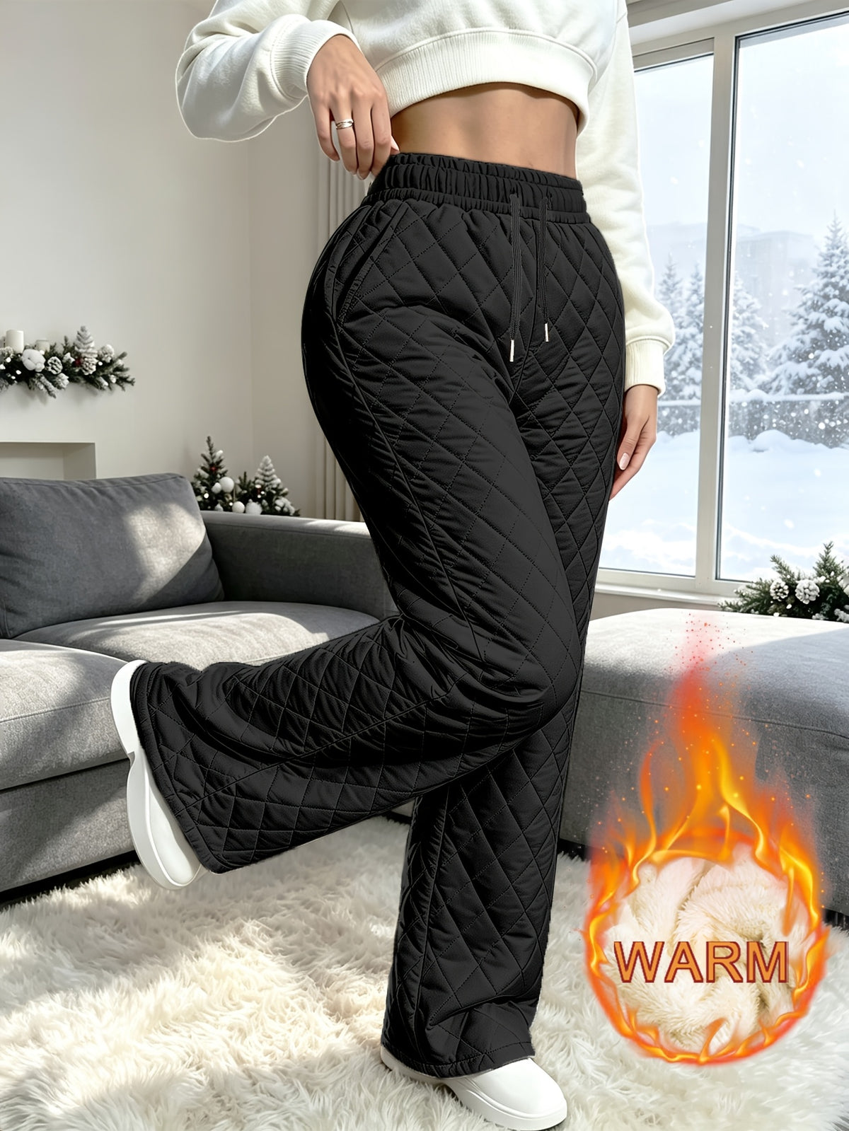 Women's Winter Trendy Fashion Quilted Rhombus Plush-Lined Thickened Pants, -Lined Interior, Windproof Winter Pants, Draping Outer Wear Cold-Proof Casual Long Pants, Suitable for Winter Outings, Shopping, and Work - Black