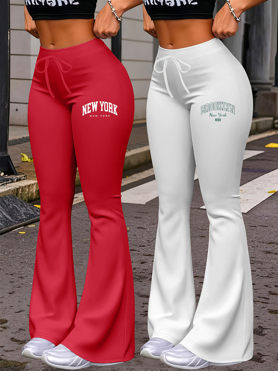 New Autumn Women's Clothing from Europe and America, NEW YORK & BROOKLYN Letter Print, Daily Casual Wear, Two-Pack of Comfortable Slim-Fit Stretch Tapered Straight-Leg Pants with Drawstring Waistband - Red+White