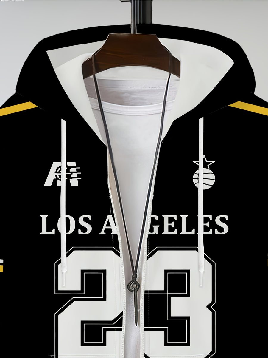 Men's Trendy Basketball Sports Printed Zip-Up Hoodie Los Angeles Number 23 Letter Pattern Fashion Casual Versatile Top Spring Autumn New Youth Handsome Outerwear, - Mixed colors