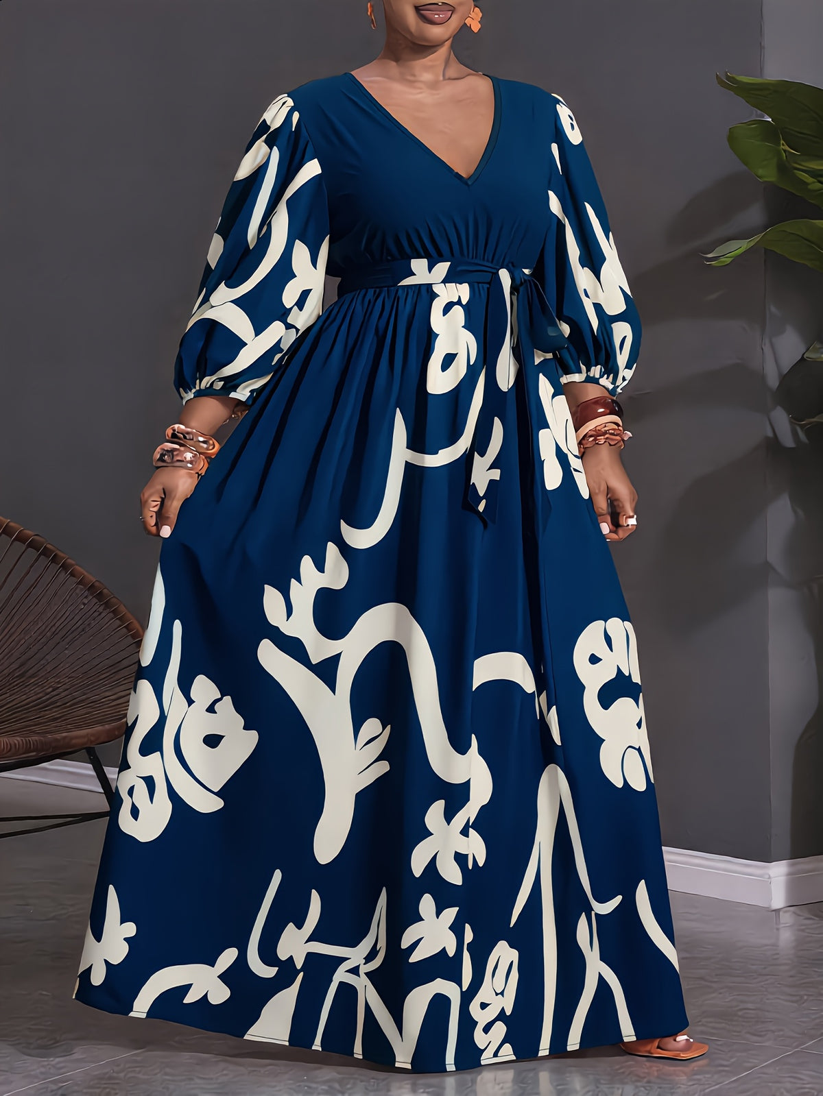 Plus Size Abstract Print V-Neck Lantern Sleeve Midi Dress, Women'S Tie-Waist A-Line Flowy Casual Party Long Dress - Navy Color